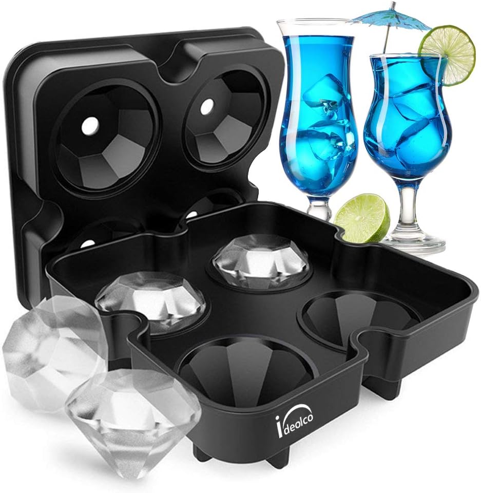 Ice Cube Trays,Ideolco Diamond-Shaped Ice Cube Molds Maker, Flexible Silicone Ice Tray with Spill-Resistant Removable Lid and Funnel for Cocktail Whisky Bourbon Pudding-Black