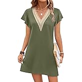 Ekouaer Nightgowns for Women Flare Short Sleeve Sleepshirt Guipure Lace V Neck Sleepwear Soft Pj Dress Night Shirt S-3XL