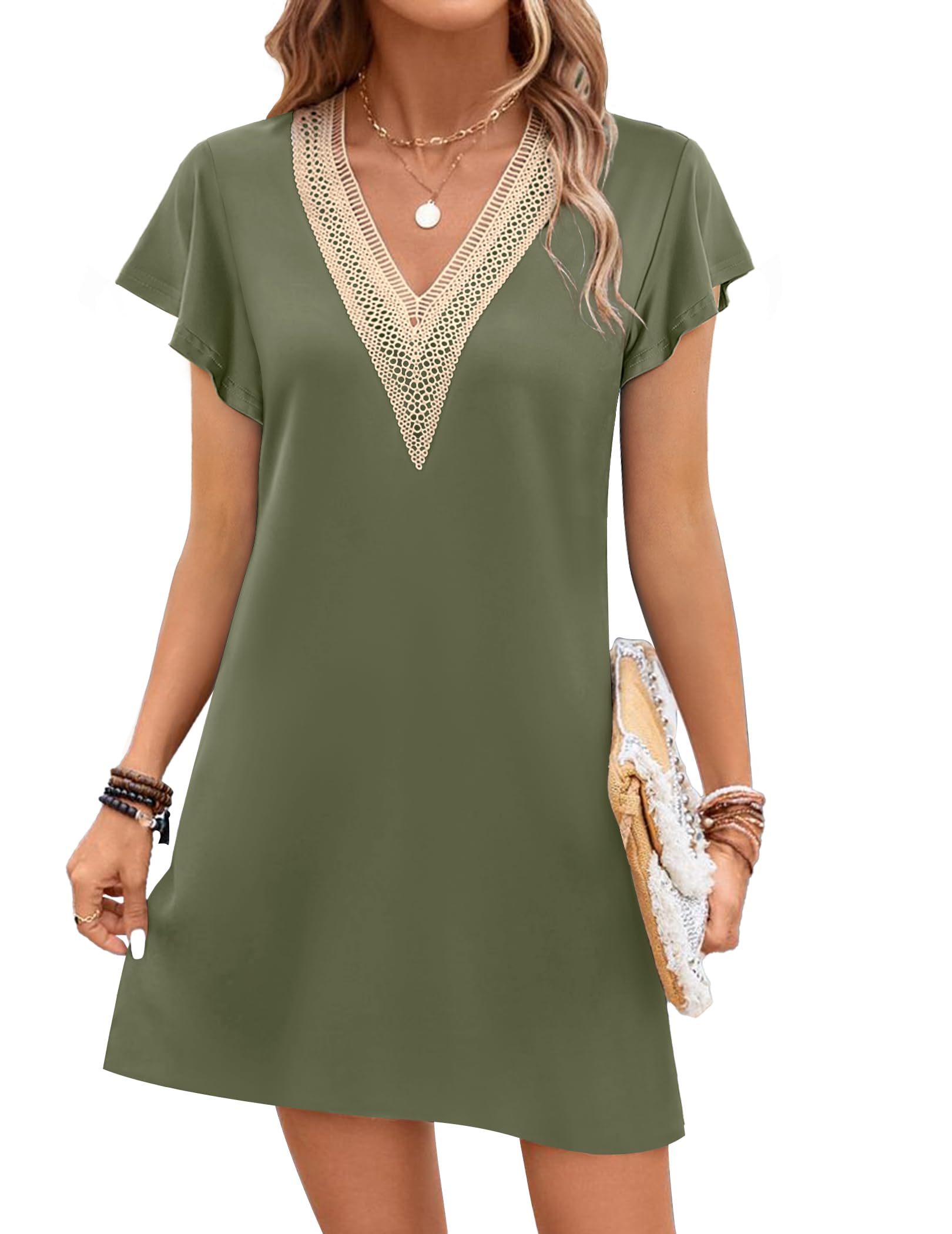 Ekouaer Nightgowns for Women Flare Short Sleeve Sleepshirt Guipure Lace V Neck Sleepwear Soft Pj Dress Night Shirt Army Green M