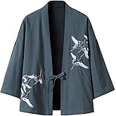 PRIJOUHE Men's Japanese Kimono Jacket Cardigan Yukata Noragi Casual Fashion Seven Sleeves Lightweight Open Front Coat