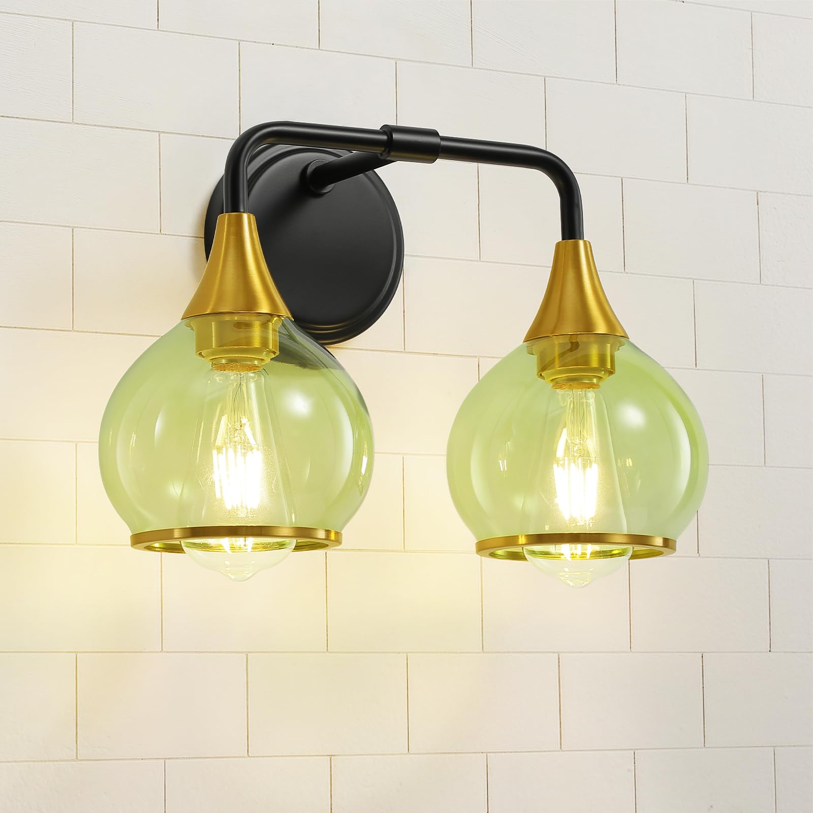 HAHZT Black and Gold Bathroom Vanity Light 2-Lights Bathroom Light Fixtures Over Mirror with Green Clear Glass Shade 14 inch Wall Sconce Lighting Bath(Exclude E26 Bulb) Image