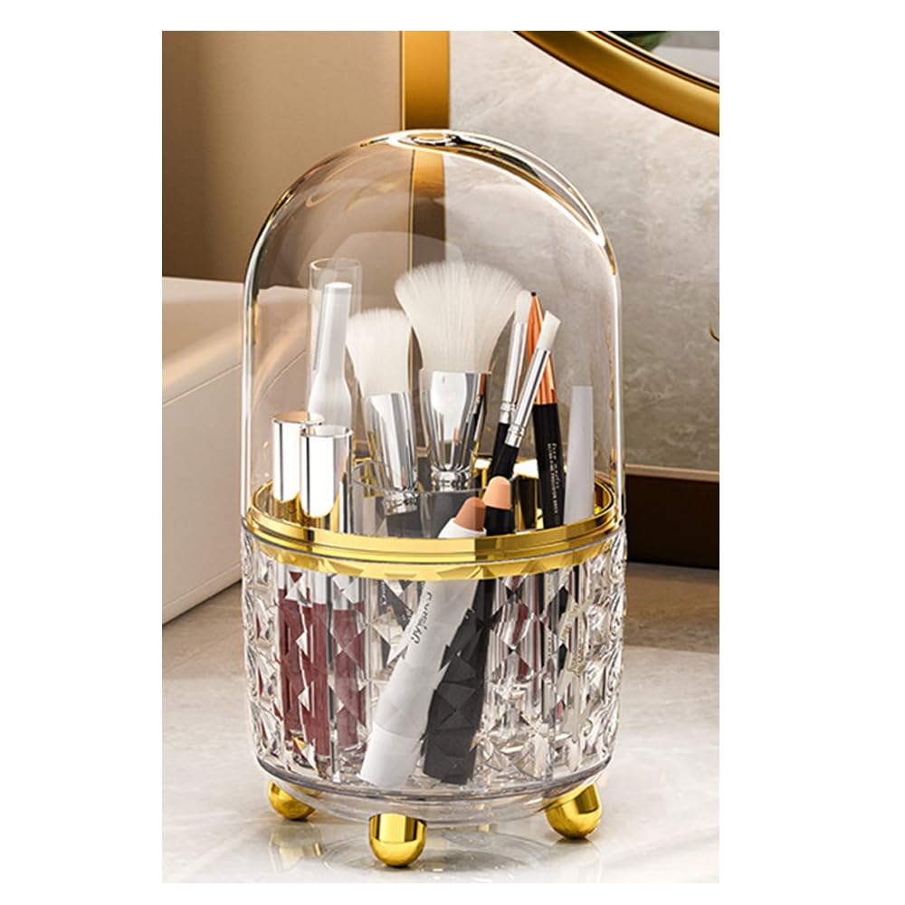 360° Rotating Makeup Brush Holder Organizer, Acrylic Makeup Organiser with Dustproof Lid, Cosmetic Storage Shelf for Dressing Table Bedroom (Clear Gold)