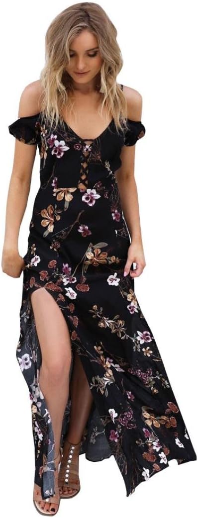 Cami Cold Shoulder Women Summer Vintage Boho Long Maxi V Neck Hollow Out Bandage Evening Party Beach High Slit Dress Floral Sundress