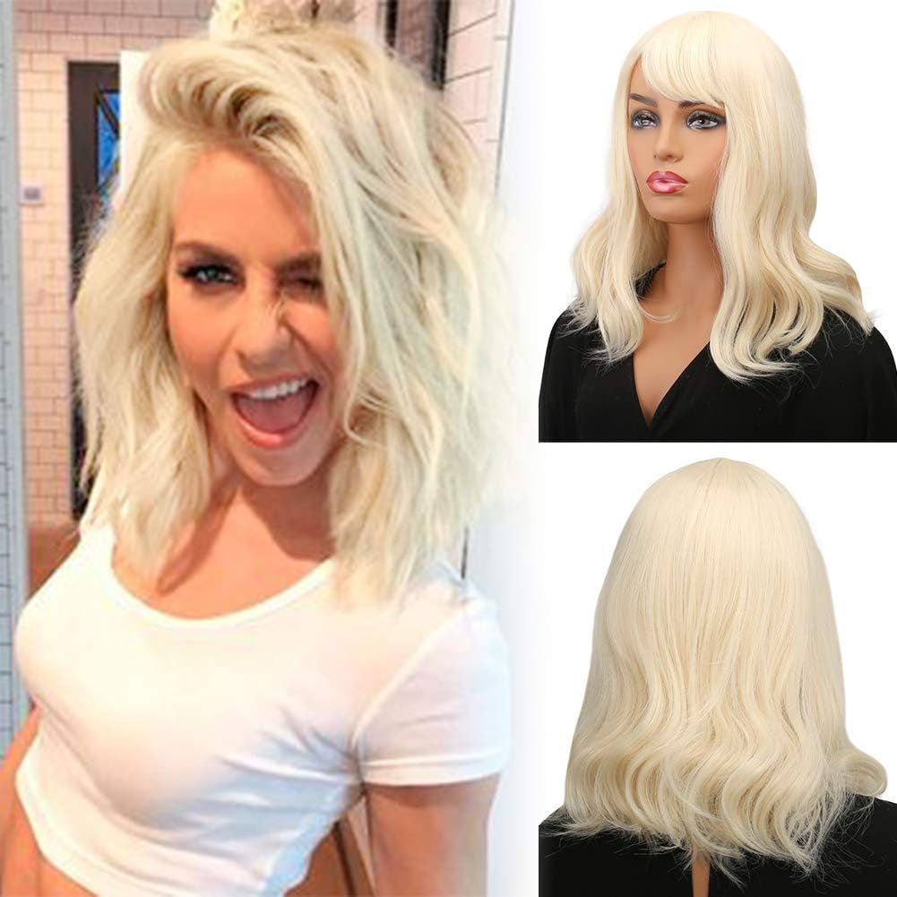 14'' Short Curly Synthetic Blonde Wig Short Bob Blonde Wavy with Air Bangs Wig Cap Included for Women Girl's Colorful Costume Wigs