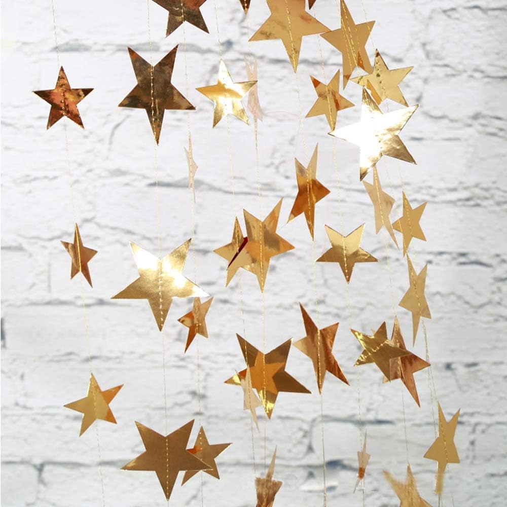 Mirror Paper Star Banner Garlands 4M String Chain Banner Ornaments Curtain Room Decor Supplies (Gold)