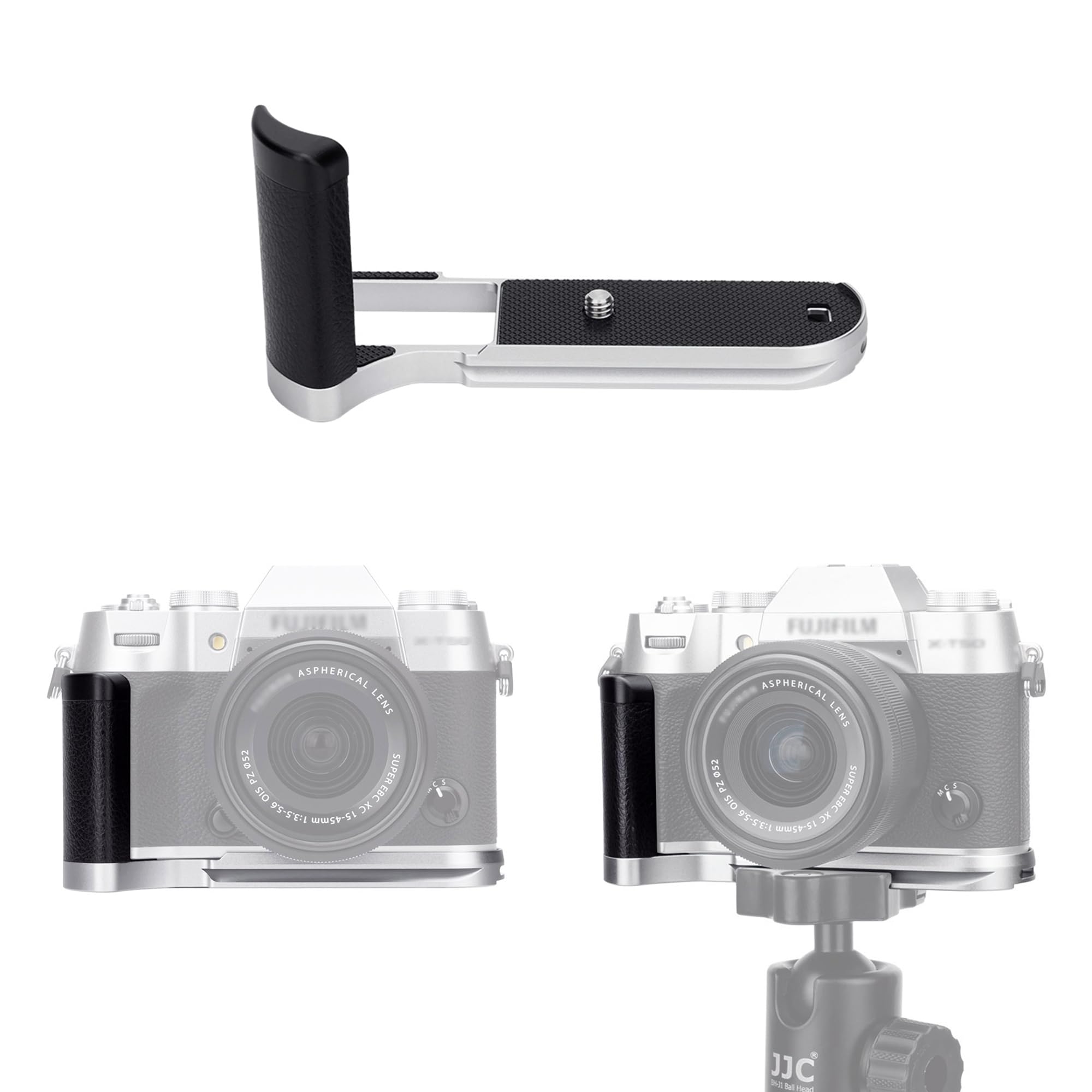 JJC Metal Hand Grip for Fujifilm Fuji X-T50 Camera - Arca Swiss Type Quick Release Plate - Anti-Slip L Bracket Enhanced Grip, SILVER