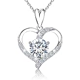 GIWENLYN Sterling Silver Heart Necklace,Shiny Cubic Zirconia Hypoallergenic Adjustable Love Heart Necklace Gifts for Her Mom Wife
