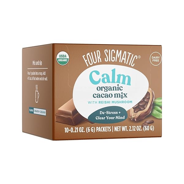 FOUR SIGMATIC CALM MUSHROOM CACAO MIX | ORGANIC INSTANT CACAO WITH ORGANIC REISHI MUSHROOM POWDER | SUPPORTS CALM & RELAXATION | DRINK IT OR BAKE WITH IT | VEGAN, GLUTEN-FREE, DAIRY-FREE | 10 COUNT