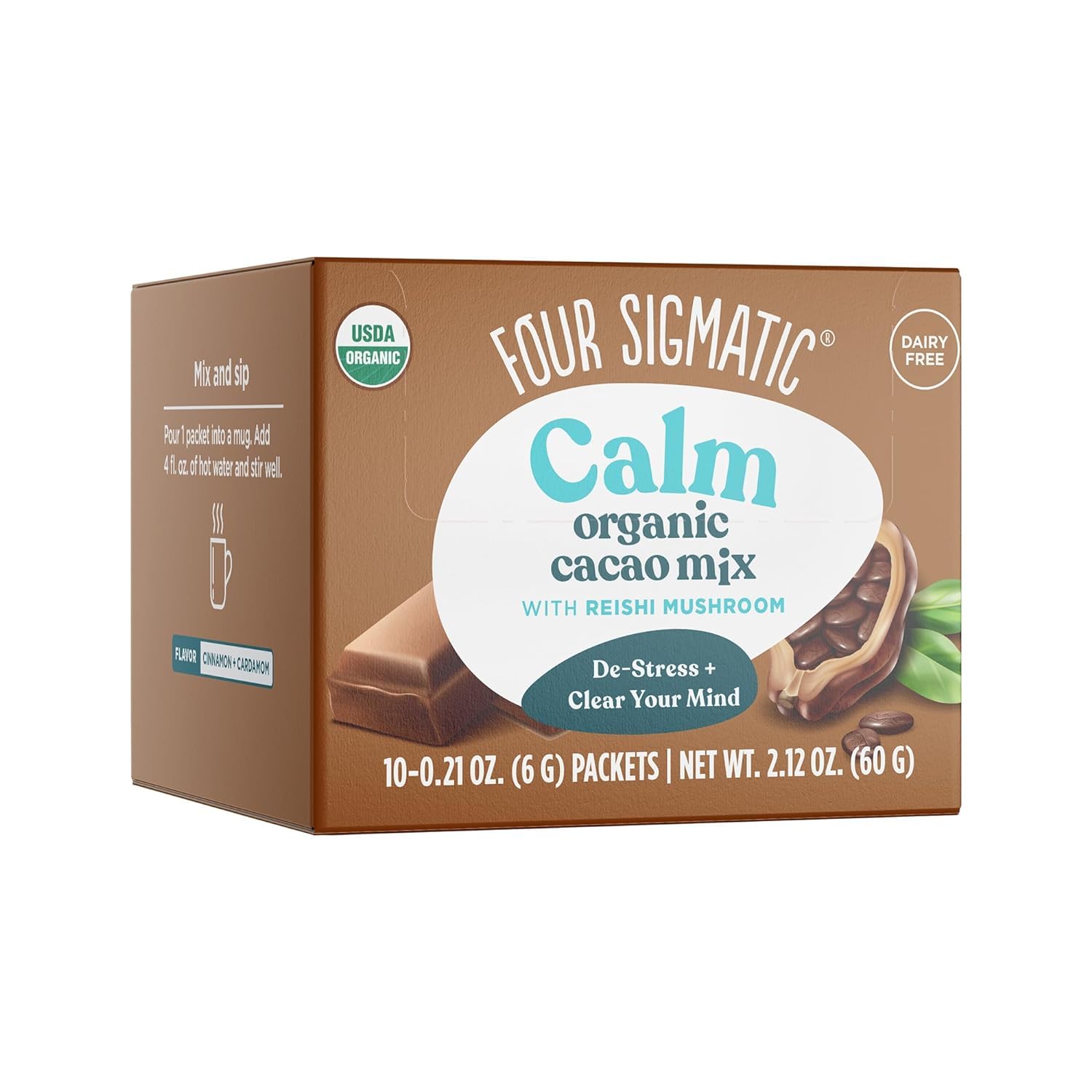Four Sigmatic Calm Mushroom Cacao Mix – Organic instant cacao with organic reishi mushroom powder – For drinking or baking – Vegan, gluten-free, lactose-free – 10 servings