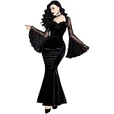 GothDark Womens Goth Dress Black Velvet Mermaid Mesh Bell Sleeve Lace Trim Sexy Vintage Cosplay Halloween Costumes