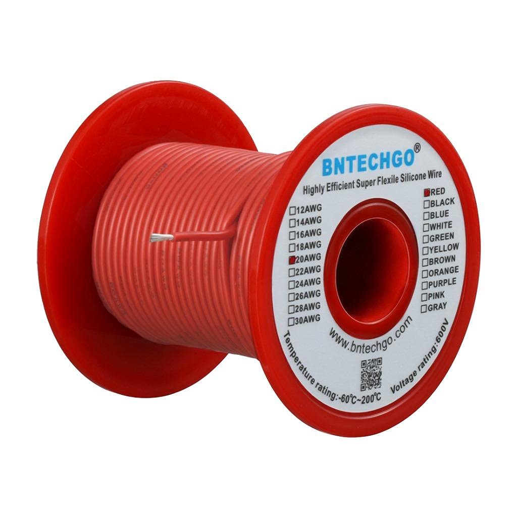 BNTECHGO 20 Gauge Silicone Wire Spool Red 100 ft Ultra Flexible High Temp 200 deg C 600V 20 AWG Silicone Rubber Wire 100 Strands of Tinned Copper Wire Stranded Wire for Model Low Impedance
