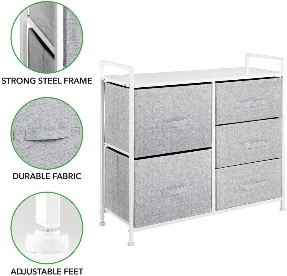 mDesign Wide Dresser Storage Tower - Sturdy Steel Frame, Wood Top, Easy Pull Fabric Bins - Organizer Unit for Bedroom, Hallway, Entryway, Closets - Textured Print, 5 Drawers - Gray/White: Home & Kitchen