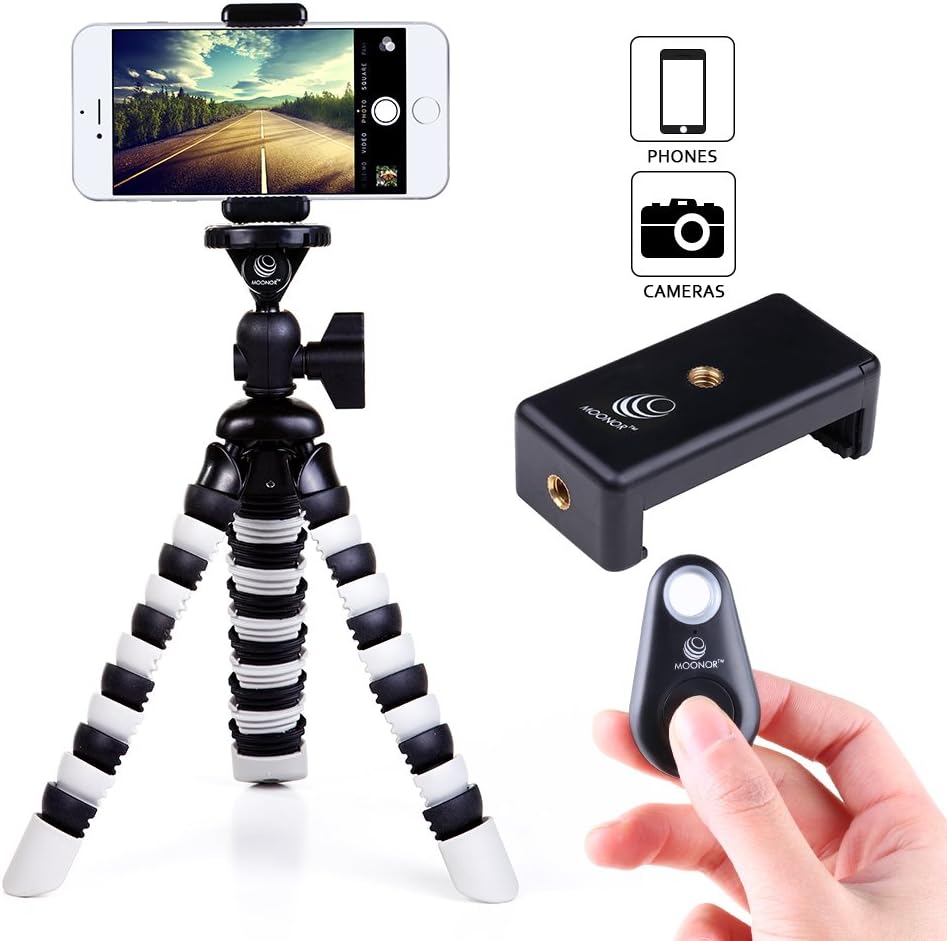 Moonor Phone Tripod, Flexible Tripod Mini Portable and Adjustable Camera Stand Holder with Bluetooth Remote and Stand Mount for iPhone, Android Phone, Camera, Sports Camera GoPro