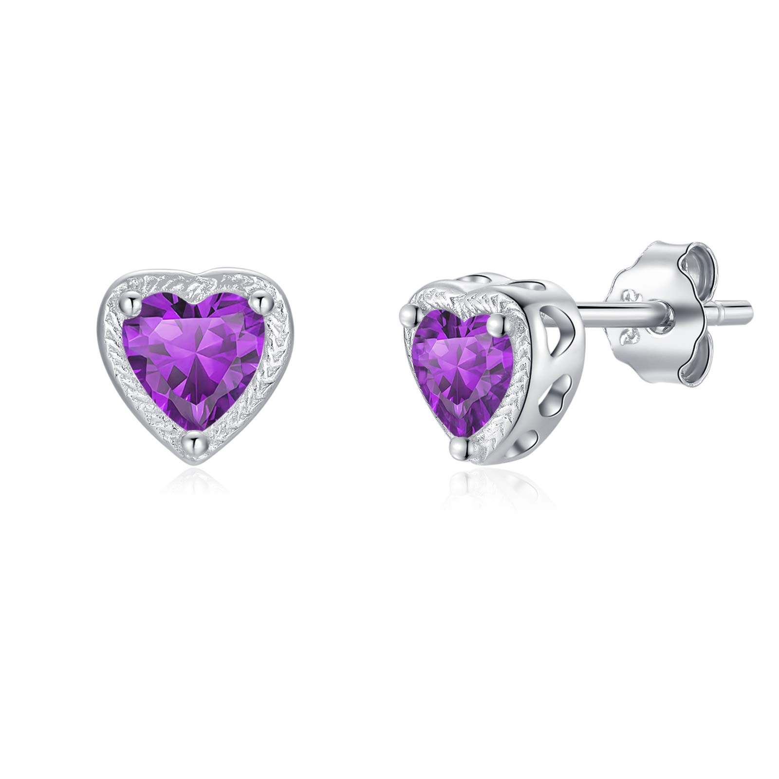 Qings Birthstone Heart Earrings, 925 Sterling Silver February Birthstone Earrings Cubic Zirconias Studs, 12 Months Jewellery for Women Mother Girls Gift For Engagement Birthday Anniversary Wedding