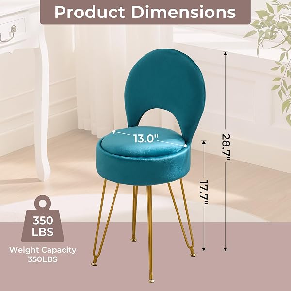 RUCUKEN VELVET GREEN SMALL VANITY CHAIR & STOOL – 13″ DX13 W FOLDING BACK STORAGE OTTOMAN, ANTI-SLIP GOLDEN V-LEG FOR BEDROOM MAKEUP ROOM