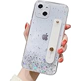 siduater Strap Holder Case for 6.7" iPhone 14 Plus with Wristband Kickstand, Bling Glitter Sparkle Clear Cover Soft TPU Bumper Adjustable Hand Grip Loop for iPhone 14 Plus 6.7 Inch, Crystal Clear