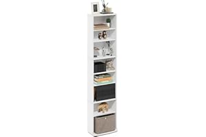 Furinno Jaya DVD Shelf, 8-Tier Tall Narrow CD Rack, Media Shelf with Adjustable Shelves, DVD Storage Cabinets for CD Blueray Game Disc, Easy Assembly, for Living Room, Home Office, White
