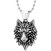 COOLSTEELANDBEYOND Steel 3D Wolf Head Pendant Necklace for Men, Fierce Animal Totem Jewelry with Detailed Carved Design