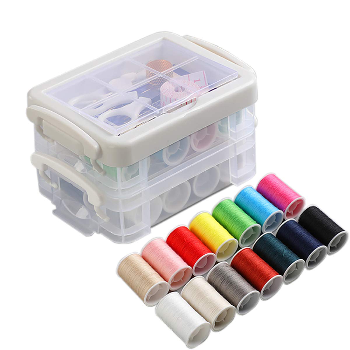 YMWALK Sewing Kit with Plastic Box, Portable Sewing Box with Sewing Accessories Needle and Thread kit,Include 16 Colors Thread, Needles, Box, Scissor, Tape Measure, Thimble for Clothes Mending