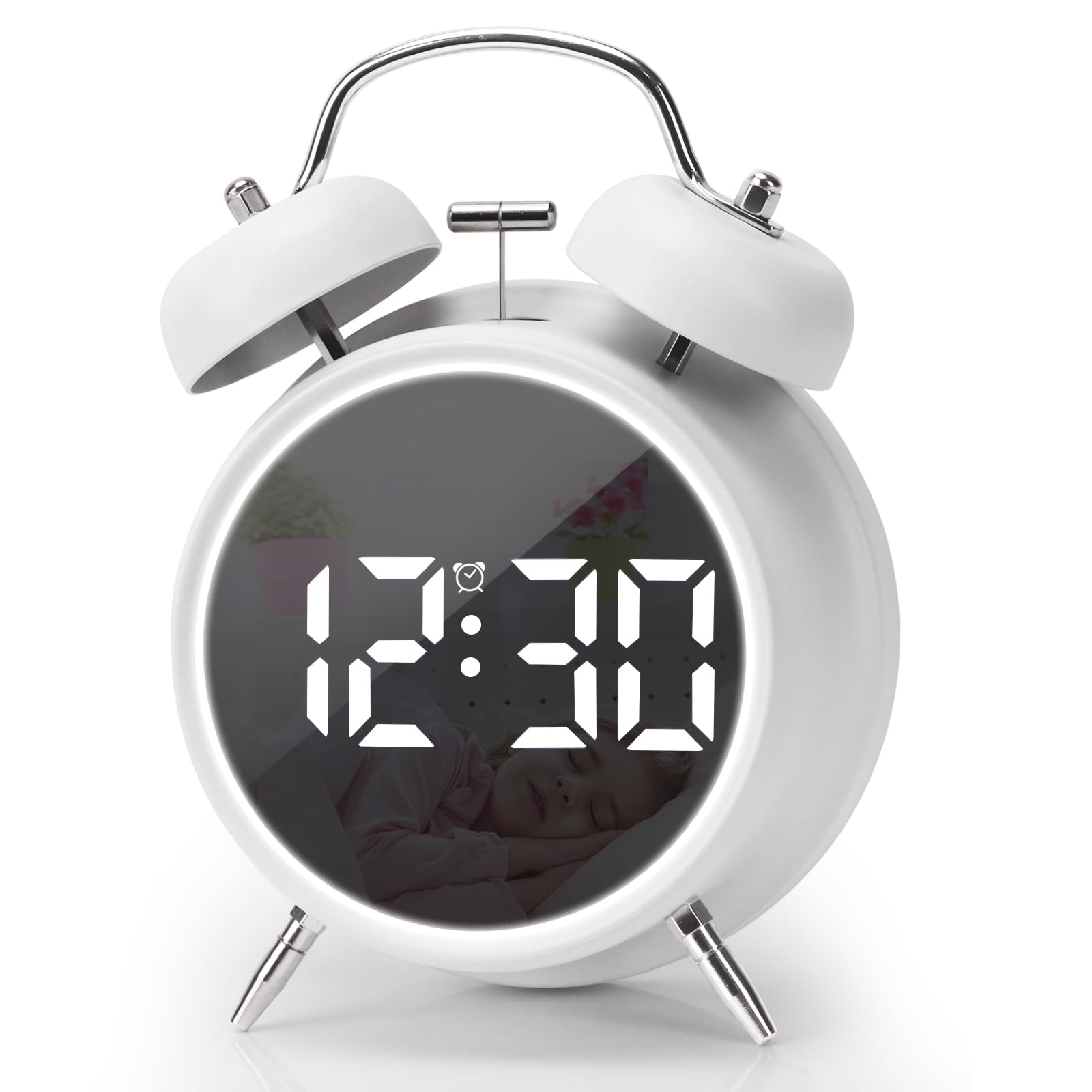 Photo 1 of JUSTUP Digital Small Alarm Clock, 4.5 Inch Double Bell Electronic LED Alarm Clock, Plug in or Battery Operated Silent Metal Table Clock, Bedside Loud Bell Clock for Heavy Sleepers Adults Kids (White)
