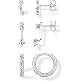 PAVOI 18K Gold Plated 925 Sterling Silver Posts Three Pairs Statement Earrings for Women - Cubic Zirconia Gold Earring Pack - Front Back Ear Jacket Crawler Stud Huggie Piercing Jewelry Set