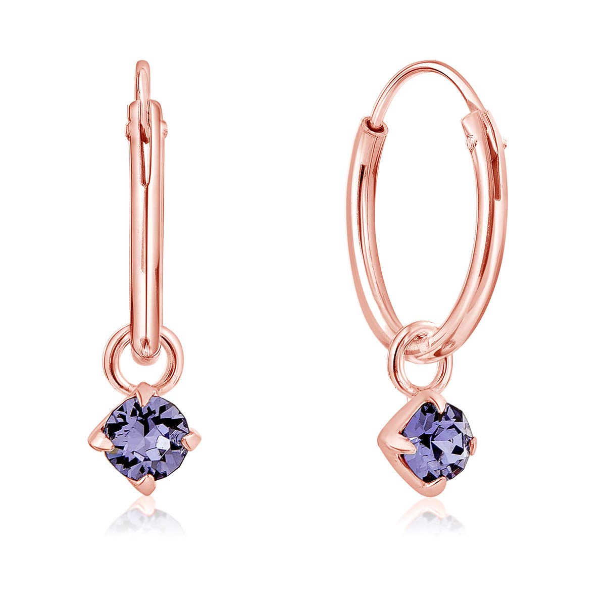 DTPsilver® 925 Sterling Silver Rose Gold Plated SMALL Hoops Earrings & Round Dangling 3 mm Crystals from Swarovski® Elements - Thickness 1.2 mm - Diameter: 12 mm - Colour : Tanzanite