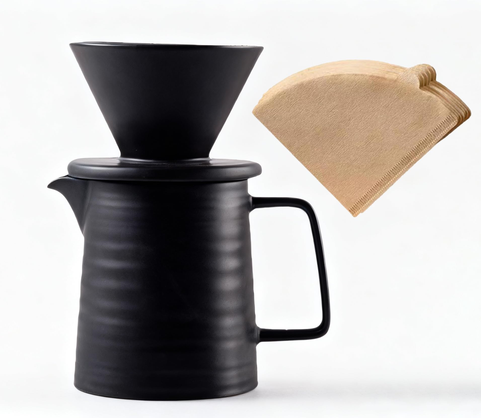 BeeCa Ceramic Pour Over Coffee Maker, Dripper & Decanter Hand Brewer Durable Carafe and Cone Funnel Coffee Drip with Black Coffee Filter Pot 1-2 Cup
