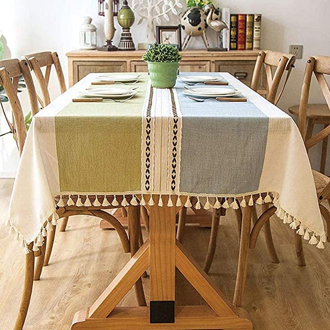 Pahajim Table Cloth Rectangle Linen Tablecloth Cotton Washable Table Cloth Wrinkle Free Tassel Design Table Cover for Kitchen Dinning Tabletop Decoration (Blue-Green,55x102 inch)