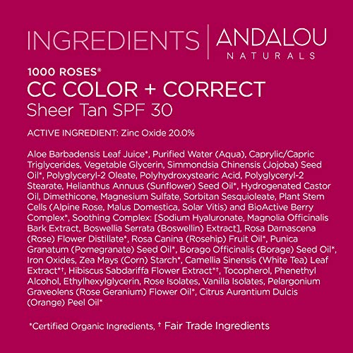 ANDALOU NATURALS 1000 ROSES CC COLOR + CORRECT WITH SPF 30, SHEER TAN, 2-IN-1 FACE SUNSCREEN + CC CREAM FOR SENSITIVE SKIN, HELPS CORRECT UNEVEN SKIN TONE, REEF SAFE SUNSCREEN, 2 FL OZ