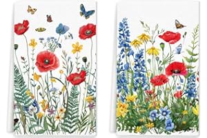 Poppy Floral Kitchen Towels Dish Towels Set of 2, Spring Summer Hand Towel 16x24 Inch Wild Flowers Drying Dishcloth, Farmhous