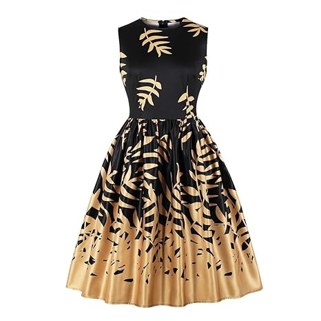 Damen Champagner Gold Leaf Print Cocktailparty 50er Jahre Vintage Kleid Retro Kleid Swing Kleid Abendkleid