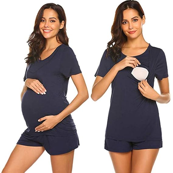 Bold N Elegant Summer Cotton Pregnancy Maternity Sleepwear Set Thigh Length Night Suit Feeding Nursing T-Shirt Short Bottom Pyjama Set