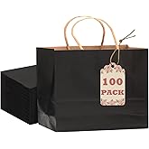 qiqee 100-Packs Black Gift Bags with Handles Bulk 13"x4.5"x10" Wide Large Size Kraft Party Paper Bags