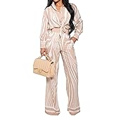 DvaeMalligo 2 Piece Sets for Women Long Sleeve Button Down Shirt Wide Leg Long Pants Sets Casual Two Piece Outfits