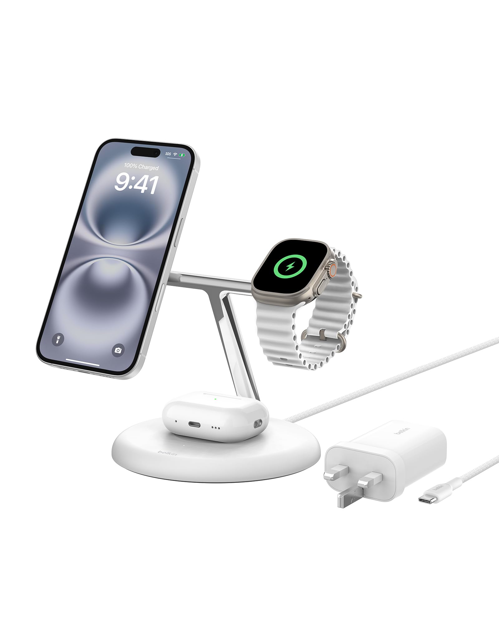 Belkin BoostCharge 3-in-1 Wireless Charging Stand with Qi2 15W, MagSafe Compatible Fast Charger for iPhone 17, Air, 16, 15, 14, 13, 12 Series, PixelSnap, AirPods, Apple Watch (PSU included) - White