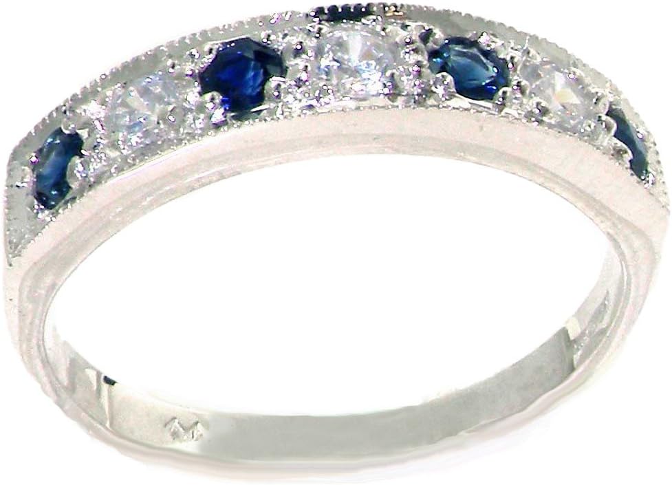 Solid White 10ct Gold Ring for Women Natural Sapphire & Diamond Eternity Band Ring