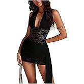 SOLY HUX Women's Lace Halter Mini Dress Deep V Neck Sleeveless Bodycon Party Cocktail Dresses