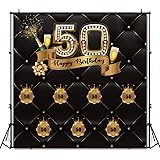 Funnytree 8X8ft 50th Birthday Party Photography Backdrop Adult Step and Repeat Black Tufted Luxury Background Golden Glitter Shiny Fifty Years Old Age Decoration Photo Banner Photobooth Props