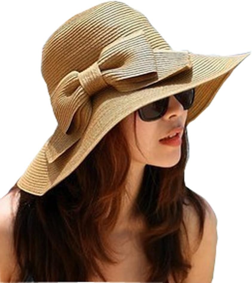 Women Large Wide Brim Floppy Beach Sun Visor Shade Straw Hat Cap Coffee