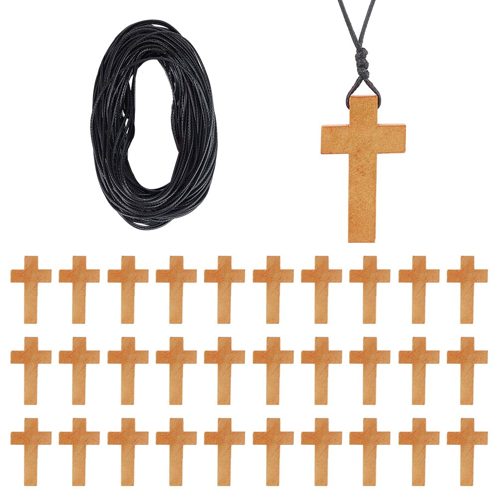 NBEADS 50 PCS Wooden Cross Pendants with 1 Roll 15m Waxed Polyester Cord DIY Cross Charms Natural Wooden Cross for Easter Party Crafts DIY Jewelry Projects