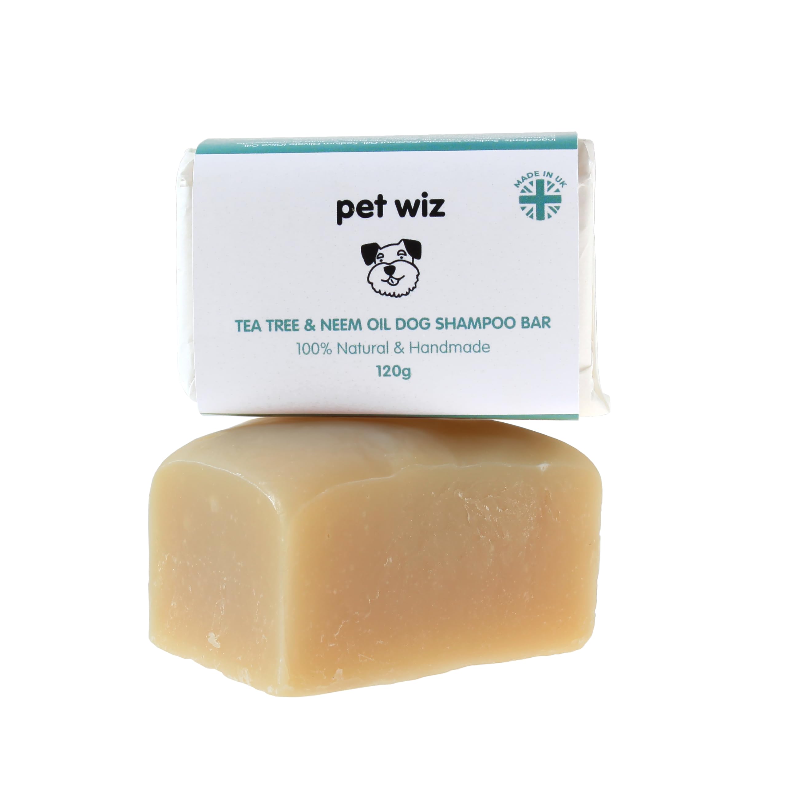 pet wiz Handmade Dog Shampoo Bar with Refreshing Scent - Tea Tree & Neem Oil - Repel Fleas & Ticks, Deodorising & Moisturising, 120g