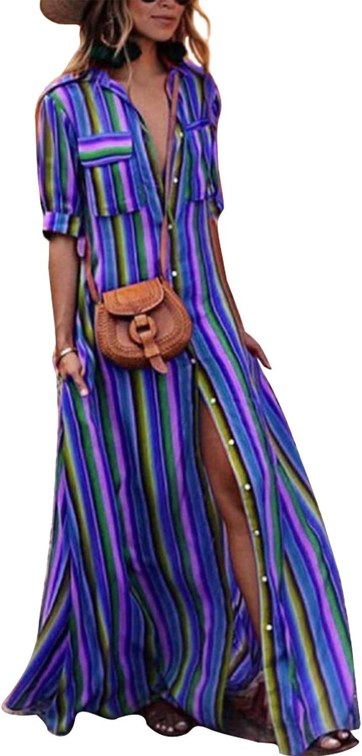 Womens Rainbow Loose Button Down Stripes Half Sleeve Maxi Dress with Pockets