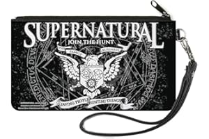 Buckle-Down Supernatural Wallet, Zip Clutch, Supernatural Winchster Brothers Eagle Crest Black Gray White, Canvas