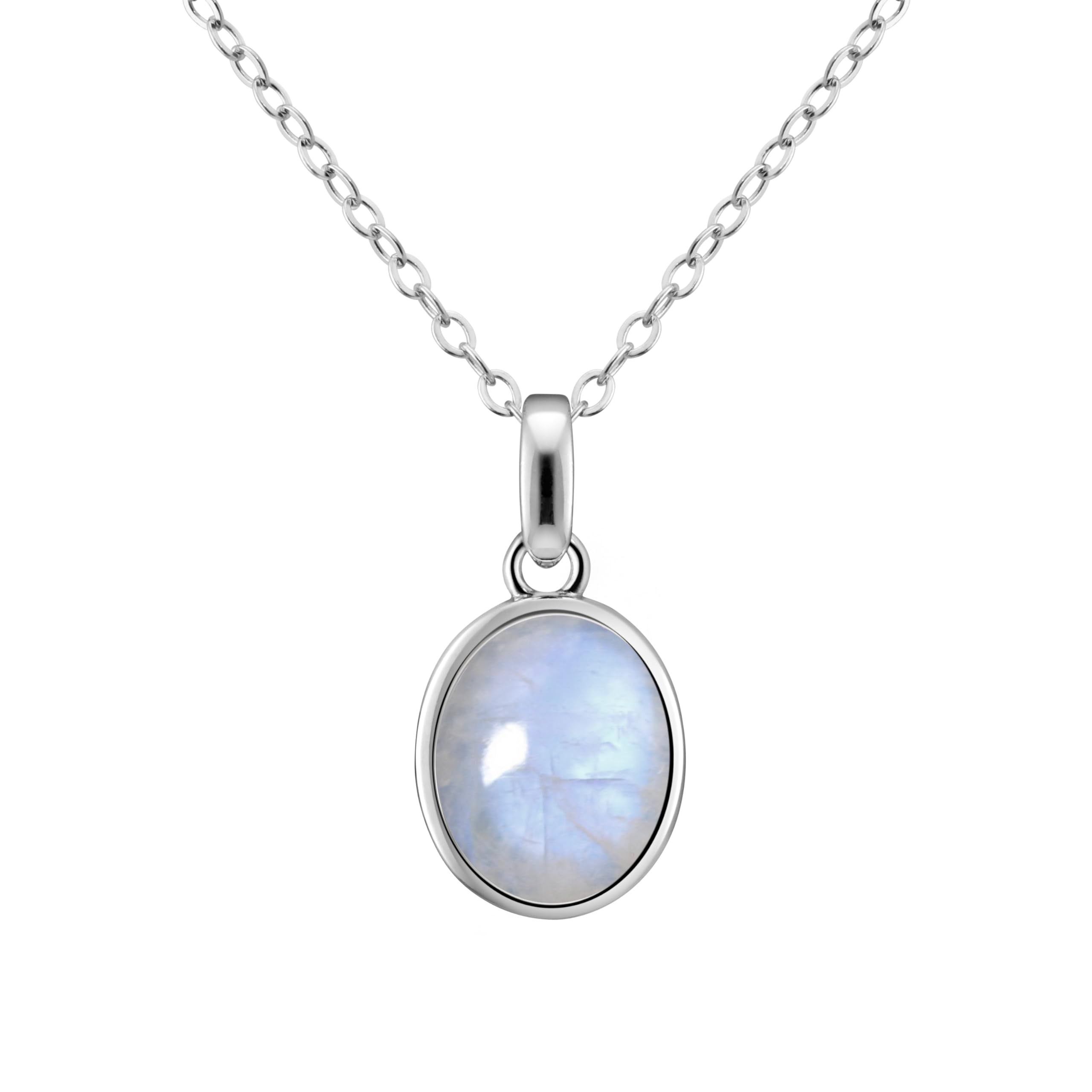 Franki Baker Dainty Iridescent Oval Natural Rainbow Moonstone Gemstone & 925 Sterling Silver Pendant Necklace. Chain Length: 50cm