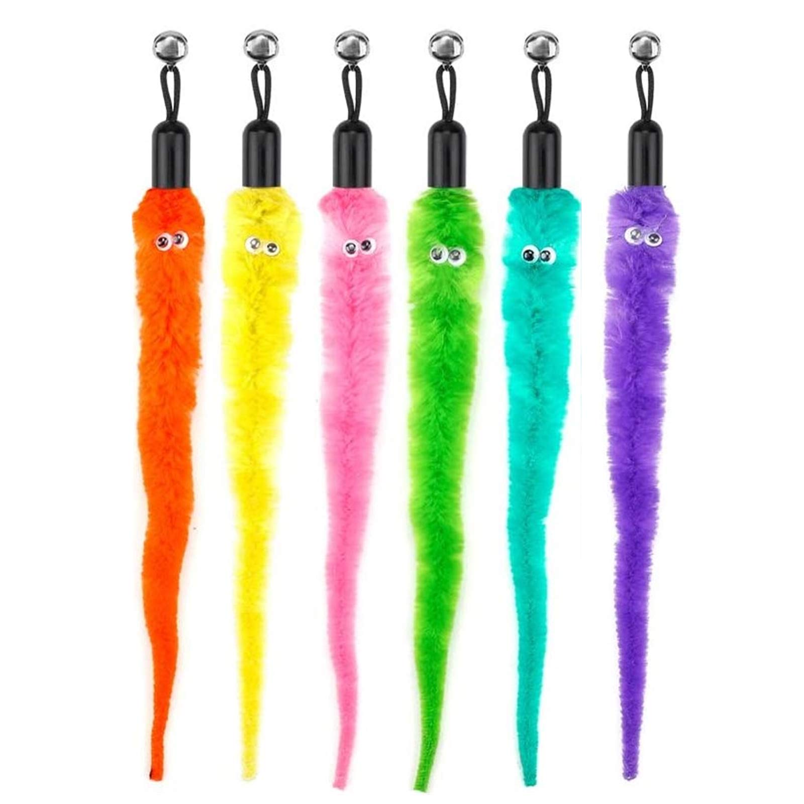 Yunmoxiao 6 PCS Cat Toys Replacement Feather of Worms Kitten Teaser Wand Toy Pet Exercise Wands Toy Assorted Teaser Refills with Bell for Indoor Cats Kitten