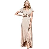 MllesReve Women Wrap Bridesmaid Dresses Satin V Neck Wedding Guest Dress Short Sleeve Slit Formal Maxi Dresses