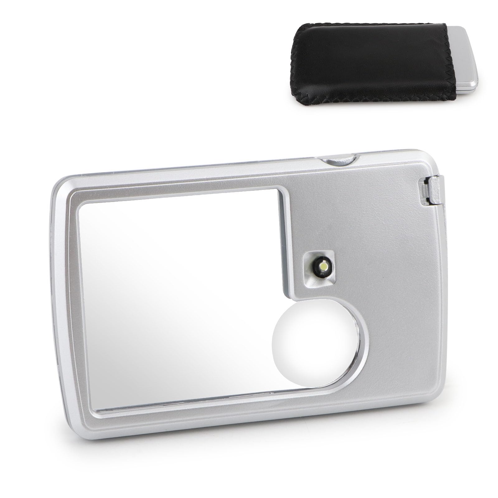 6X 3X Credit Card Shape Magnifying Glass Lightweight LED Reading Illuminated Pocket Magnifier Handheld Jewelry Loupe with Leather Case (Silver)