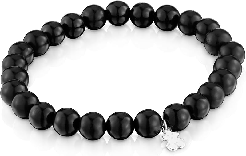 Pulseira elástica preta com motivo de urso em prata esterlina para mulheres, 16,5cm de comprimento, coleção Basics