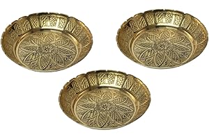 ADITRI CREATION Set of 3 Small Nakshi Plate, Decorative Brass Indian Prasad Plate Katori for Pooja Utensils Item Articles for Indian Traditional Festival Decorations Pooja Kit (Size:- 3" Diameter)(Golden)