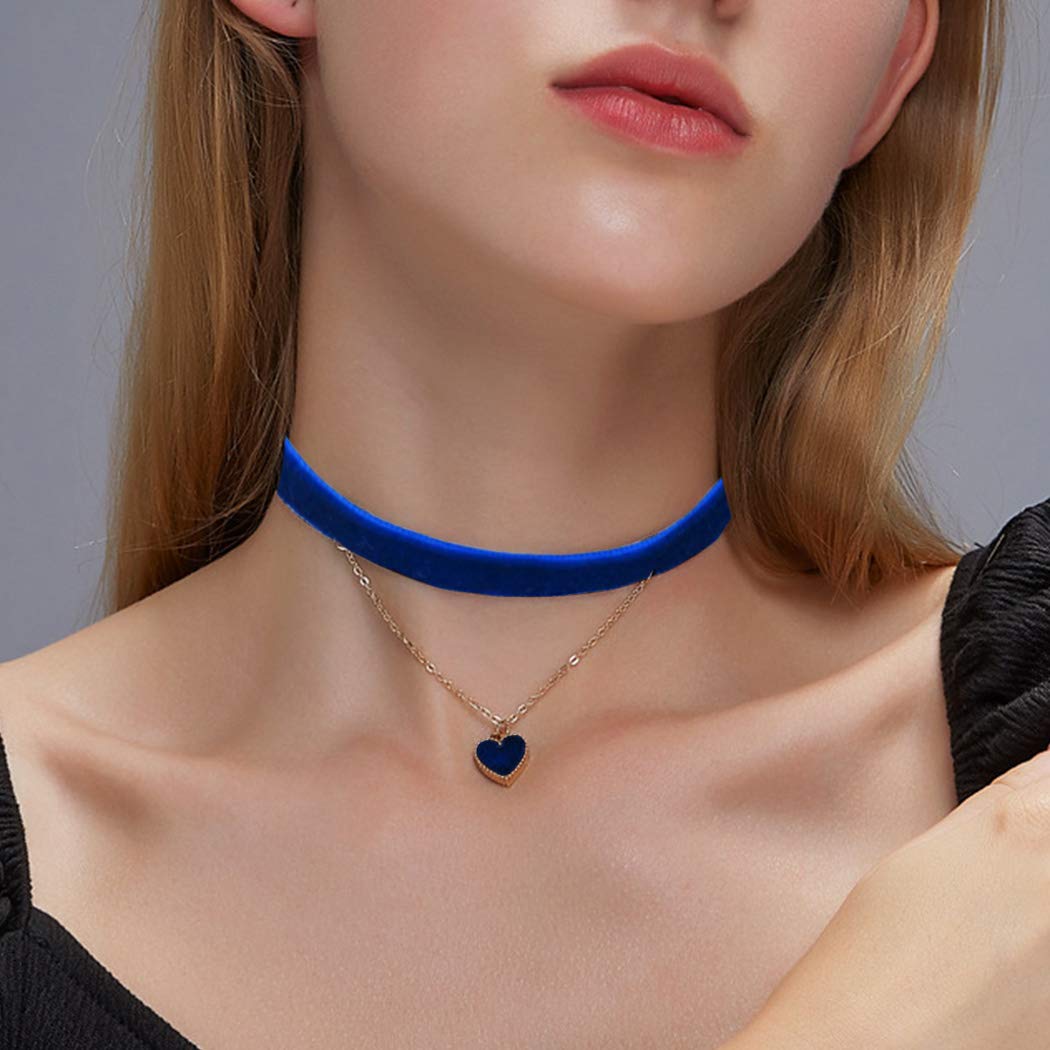 TseenYi Satin Ribbon Necklace Choker Layering Heart Pendant Necklace Chain Short Boho Velvet Choker Necklace Jewelry for Women and Girls (Blue)